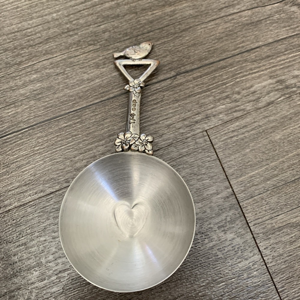 Vintage Bird Floral 1/4 Cup Measuring Scoop Silver Metal Heart Cottagecore
